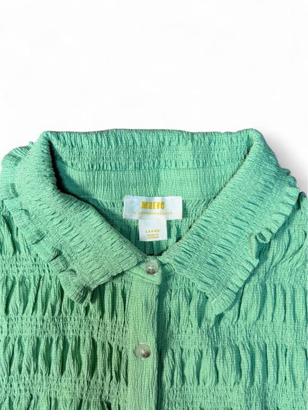 Maeve Anthropologie Green Smocked Button Front Ruffle Blouse Large - Picture 5 of 6